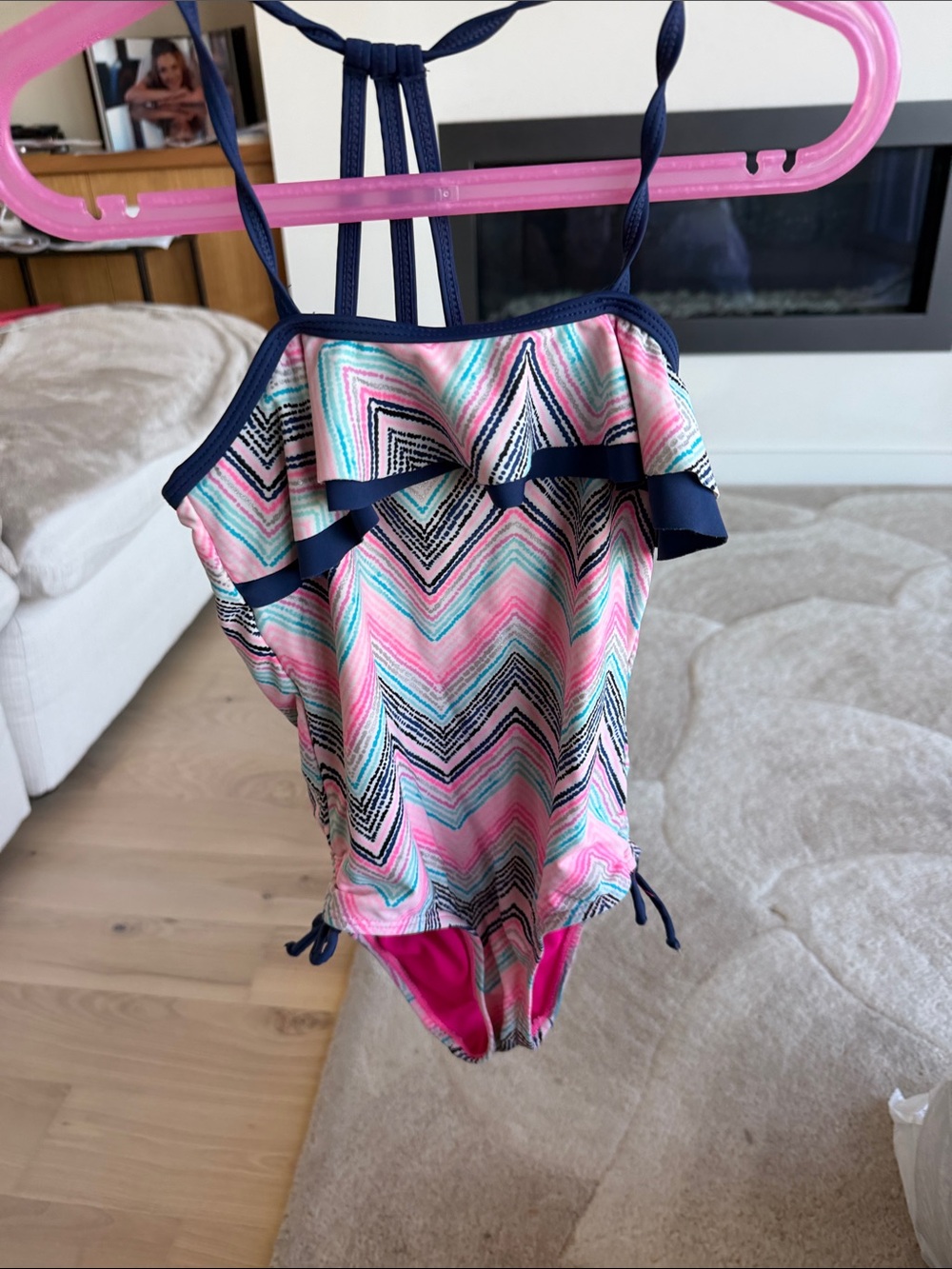 Girls' Navy Trim Pink Chevron One-Piece Swimsuit